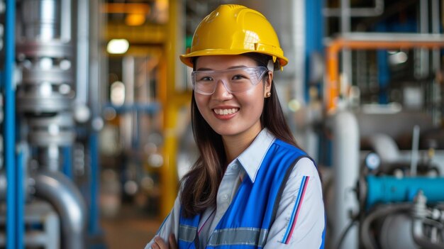 happy female engineer at oil refinery