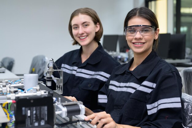 Photo happy female engineers team using laptop checking and operating