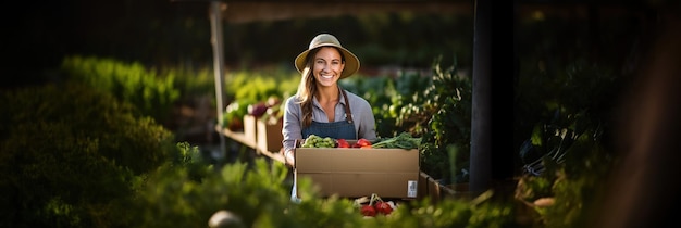 Happy female farmer holding a box with fresh produce