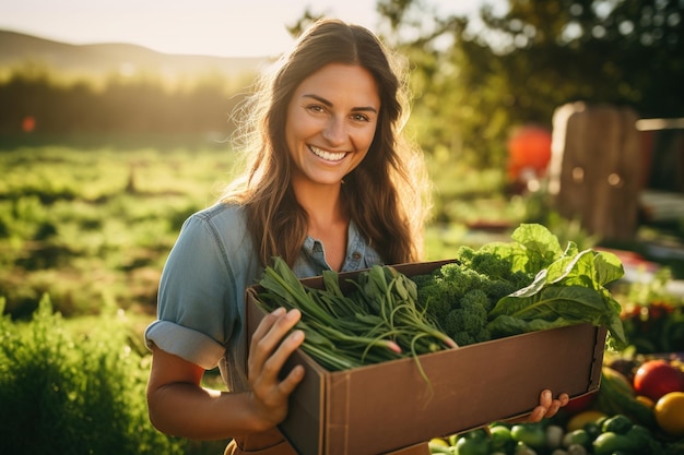 Happy female farmer holding a box with fresh produce