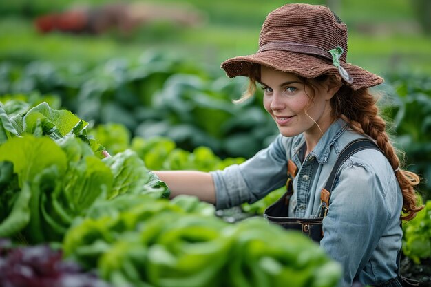 Photo happy female farmer with a traditional hat cultivating organic fresh vegetables with a big copy space generative ai