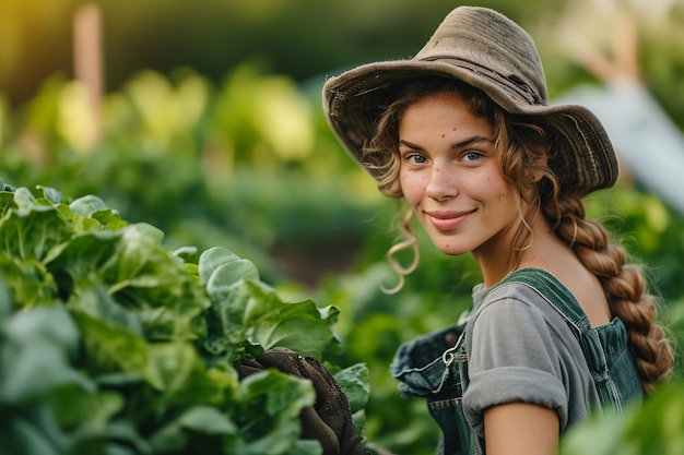 큰 복사 공간을 갖춘 신선한 유기농 야채를 재배하는 전통 모자를 쓴 행복한 여성 농부 Generative AI