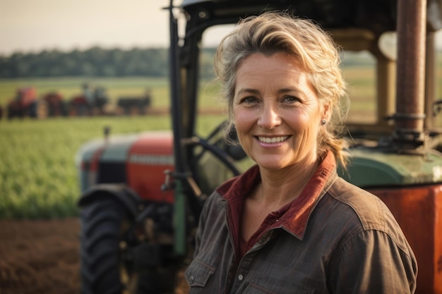 Photo happy female farmer working on farm with tractor in the background