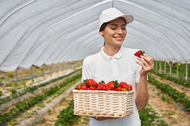 Happy female field worker standing at greenhouse with wicker basket full of fresh ripe strawberries