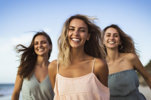 Happy female friends standing on beach water