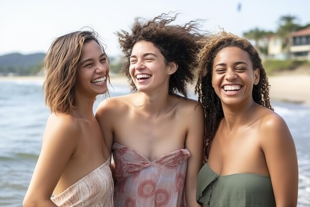 Happy female friends standing on beach water