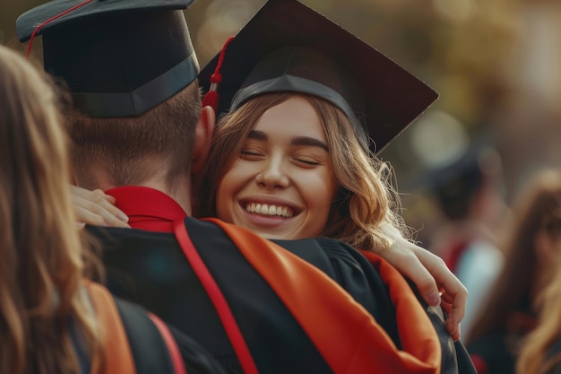 Happy female graduate hugging friend at commencement ceremony joyous moment