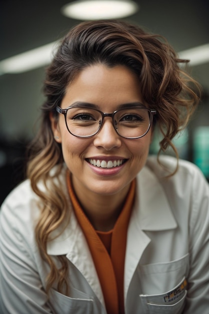 カメラを見ている幸せな女性と男性の科学者