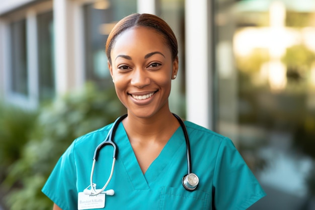 Photo happy female nurse in a modern hospital smiling portrait of health care professional in blue scrubs standing with stethoscope