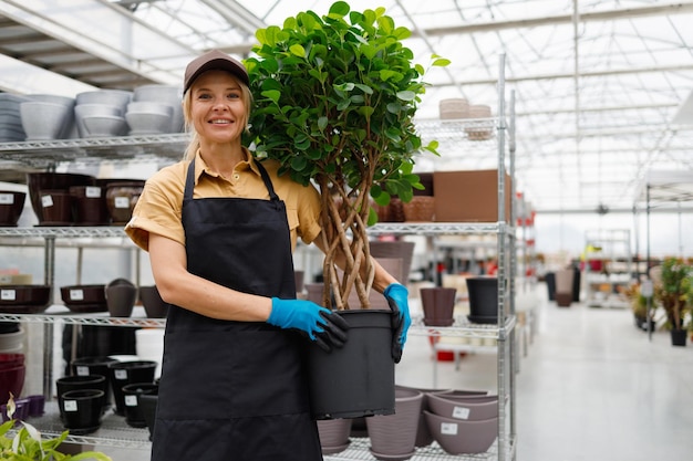 Happy female nursery worker with pot of green plant in froral store