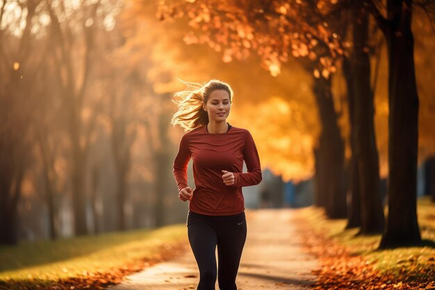 秋に公園でジョギングをしている幸せな女性ランナー