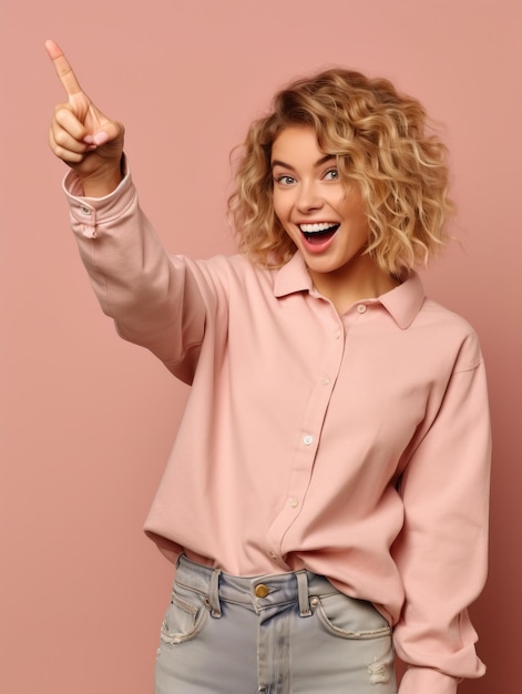 Happy female signaling with thumbs up isolated on solid light