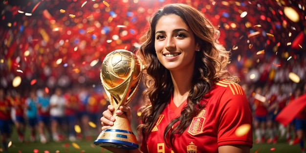 Happy female Spanish soccer player with world cup trophy