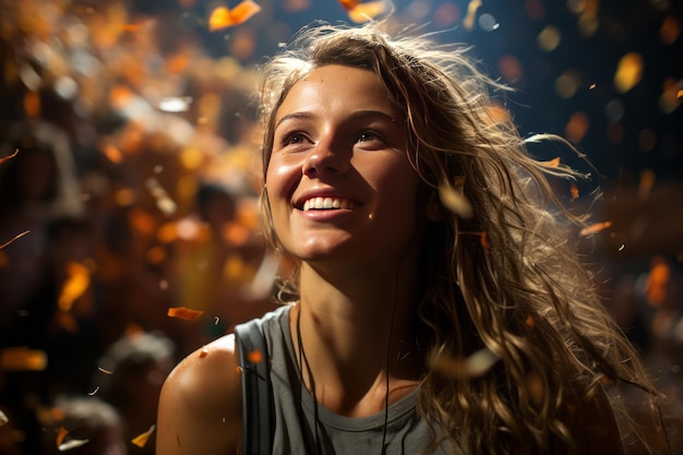 Foto una giocatore sportiva felice che celebra la vittoria con confetti che cadono