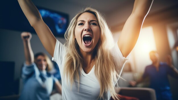 Photo happy female sports fan with group of many friends cheering and excited to watch football team