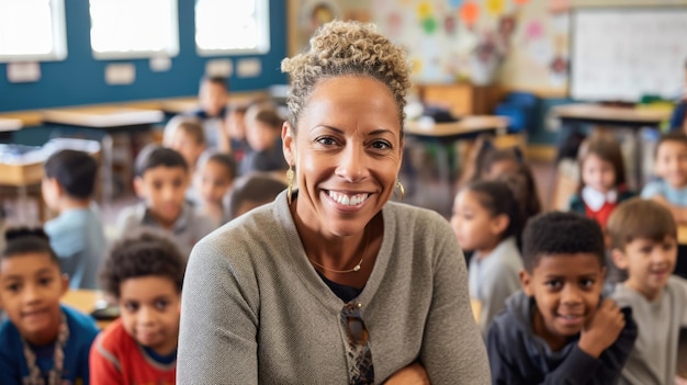 Happy female teacher in an elementary school classroom