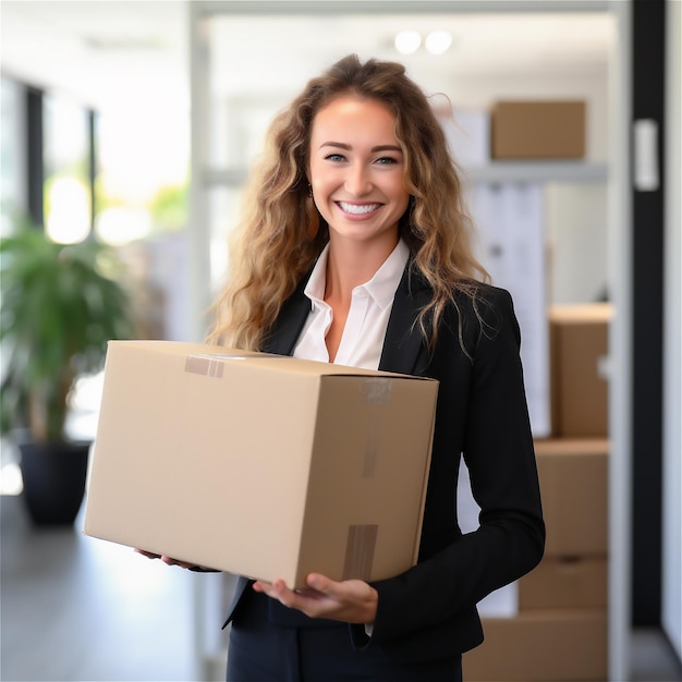 Happy female wearing a suit holding package parcel box in office