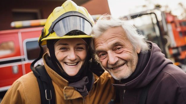 Happy firefighter with senior citizen safety brave rescue survivor concept