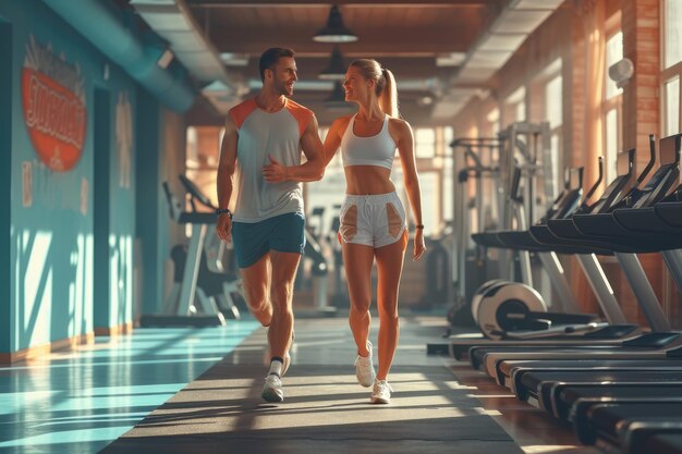 Photo a happy fit couple leaving the gym generative ai