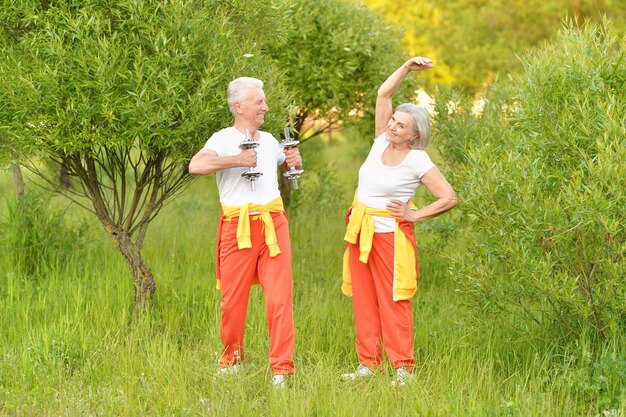 写真 公園で運動する幸せなフィットの年配のカップル