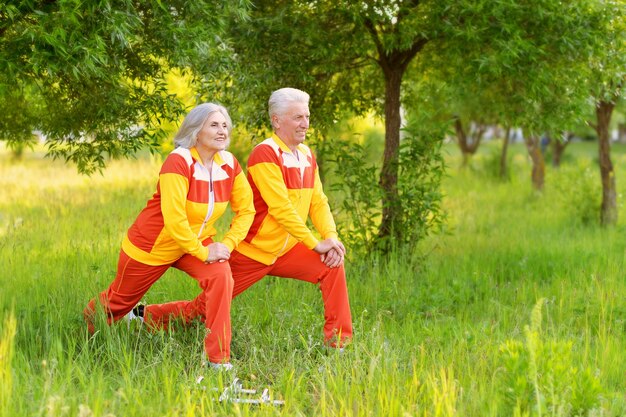 Happy fit senior couple exercising in  park