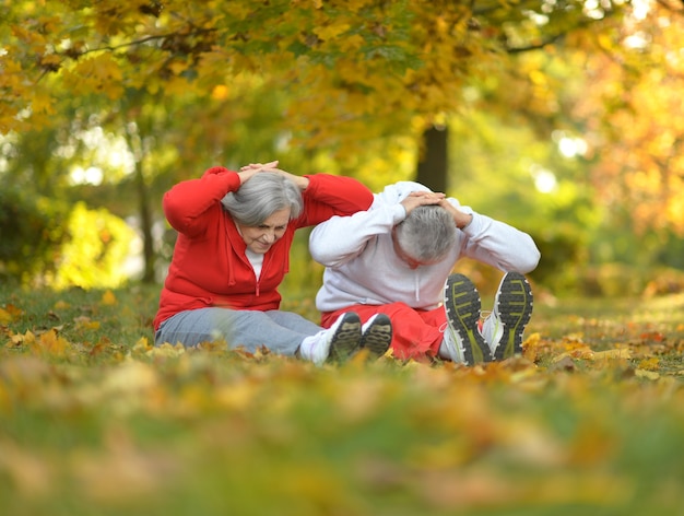 Happy fit senior paar trainen in herfst park