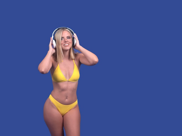Happy fit woman in swimwear listening to song in headphones