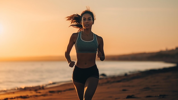 Счастливая фитнес-девушка 20 лет бегает по пляжу с генеративным ИИ