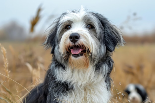 秋の小麦畑で舌を出した幸せな毛深いひげのコリー犬