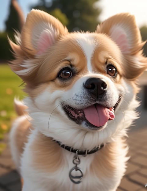 happy fluffy caramel and white dog looking forward