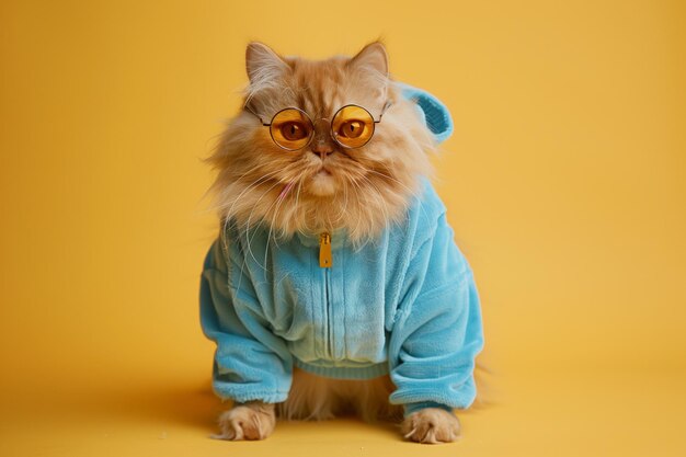 happy fluffy orange cat wearing blue clothes and sunglasses on yellow background