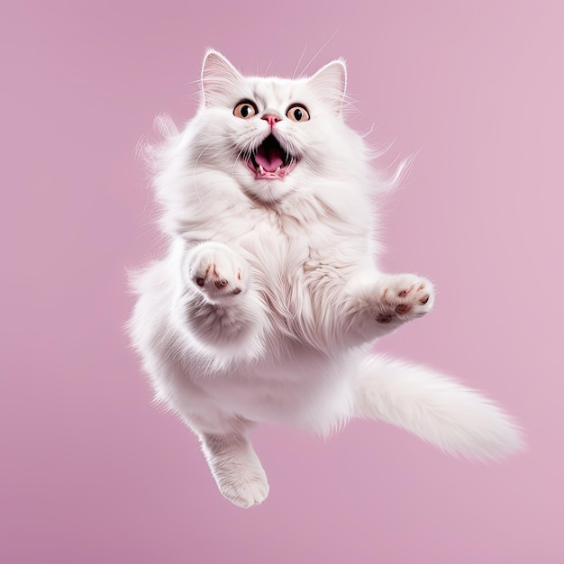 Happy fluffy white cat jumping on isolated solid background