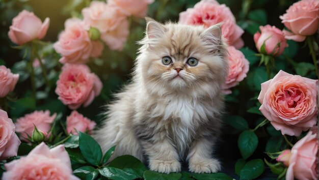 Happy fluffy young beautiful kitten surrounded by fresh pink flowers