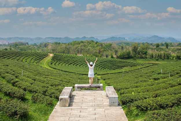 Happy and free girl on the mountain on the tea plantation