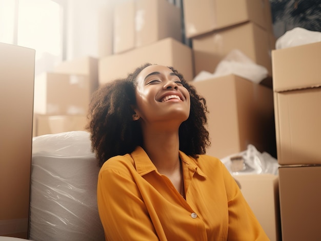 Happy free man sitting on boxes about to move