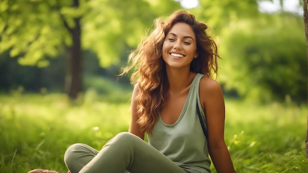 Photo happy and free young adult woman sitting outdoor enjoying green nature around with relaxation and se