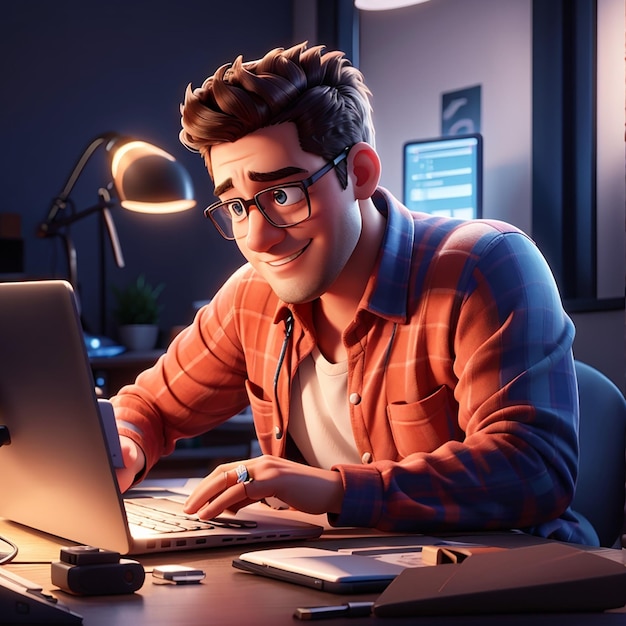 컴퓨터 작업을 하는 남자의 행복한 프리랜서 그림 또는 프리랜서로 일하는 남자의 3D 애니메이션 스타일 그림