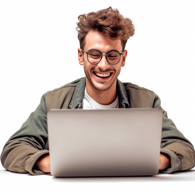 Happy freelancer working on laptop at desk over white background vector illustration