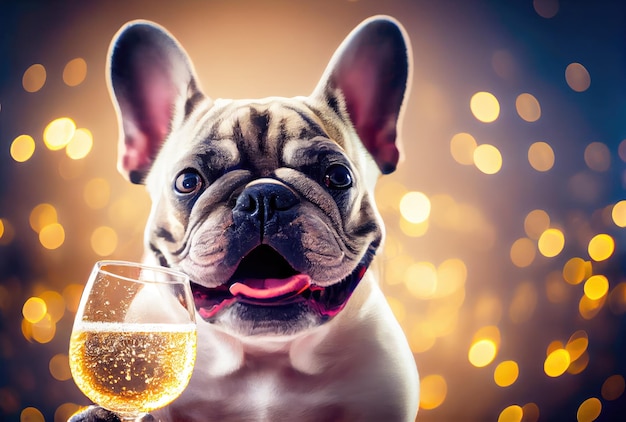 パーティーと金色のボケ味の明るい背景にトーストしたワイングラスを持つ幸せなフレンチ ブルドッグ犬 動物とペットのコンセプト デジタル アート イラスト ジェネレーティブ AI