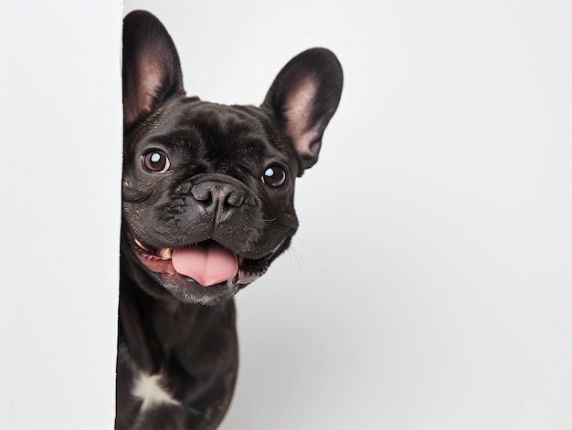 Happy french bulldog peeking out from behind blank poster board against white background Blank