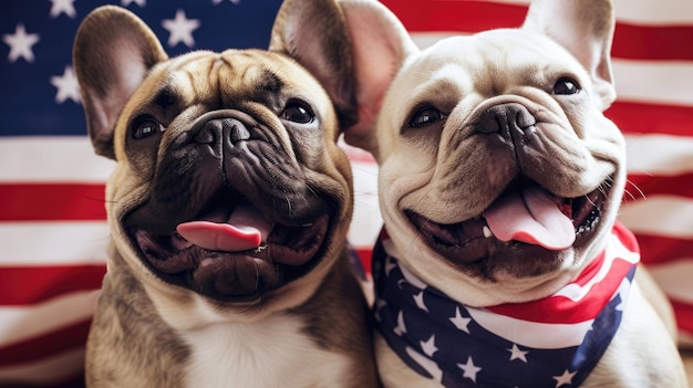 Happy French Bulldog with USA flag 4th of july with Generative AI Technology