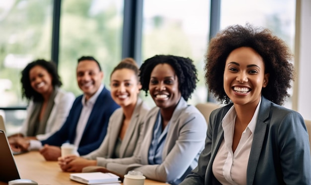 Happy friendly multiracial business team laughing working together at corporate briefing gathered