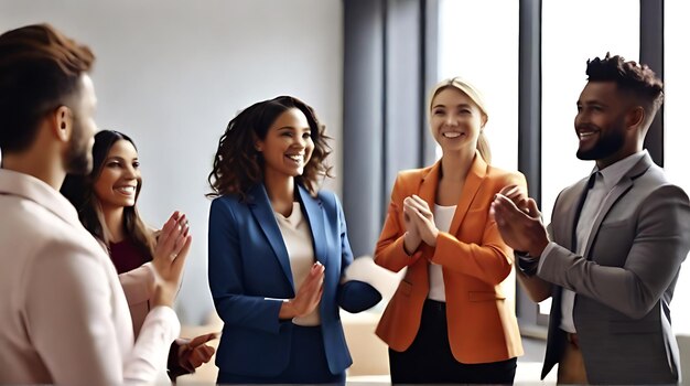 Photo happy friendly multiracial business team laughing working together at corporate briefing gathered