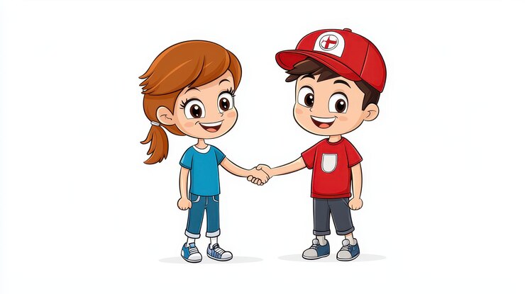 Photo happy friends celebrating friendship cartoon characters shaking hands on friendship day greeting card
