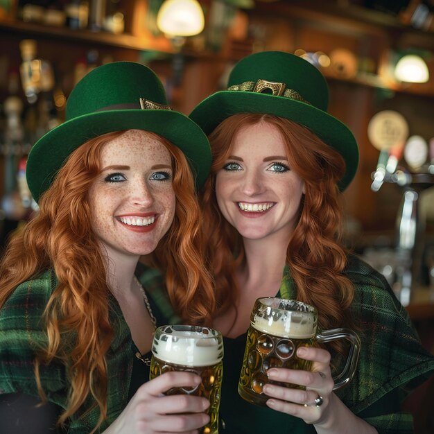 Happy friends celebrating Irish Happy St Patricks day together with beer