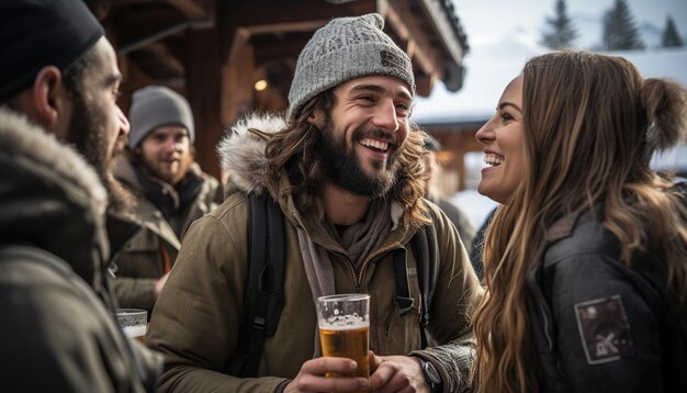 Photo happy friends cheerering and drinking beer at outdoor bar in snowy mountain