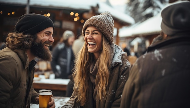 Photo happy friends cheerering and drinking beer at outdoor bar in snowy mountain