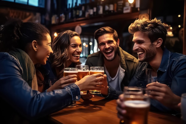 Happy friends drink beer in a brewery bar