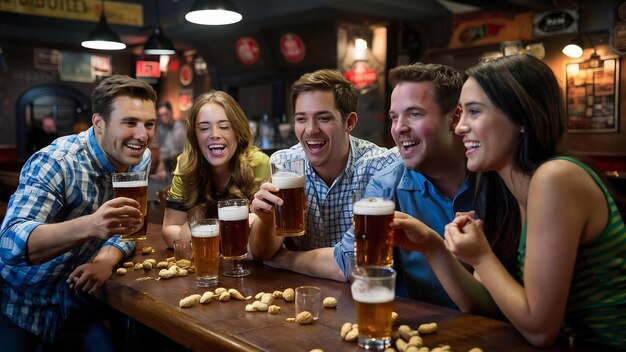 Happy friends drinking beer at counter in pub