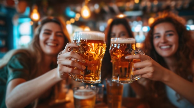 Happy friends drinking beer in pub together